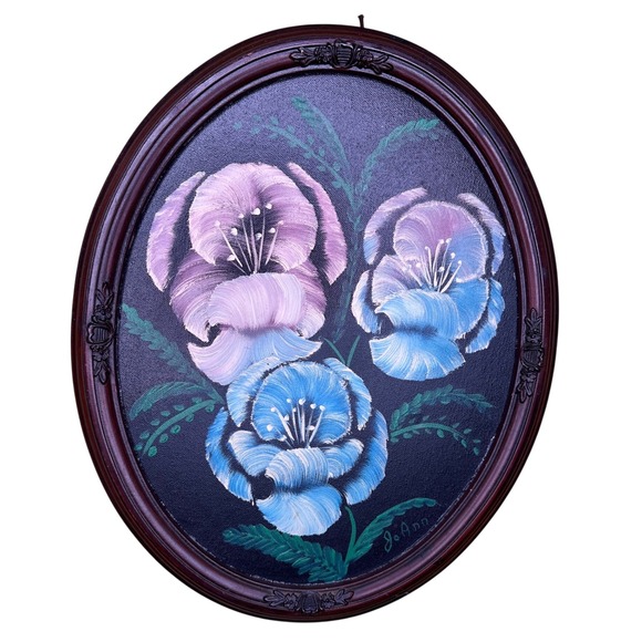 Other - Vintage Signed Jo Ann Floral Oil Painting Oval Framed Blue Purple Whimsigoth‎